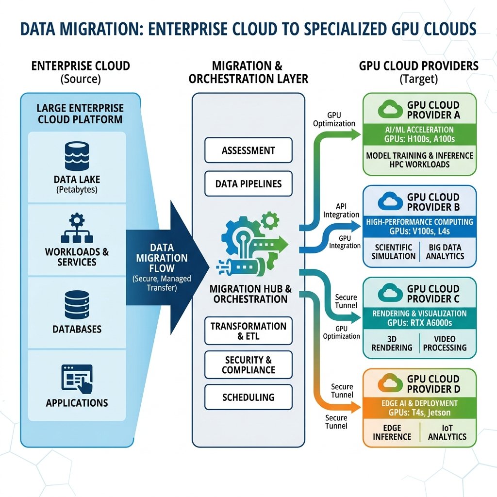 Enterprise data migration flow diagram from legacy cloud platform to specialized GPU cloud providers