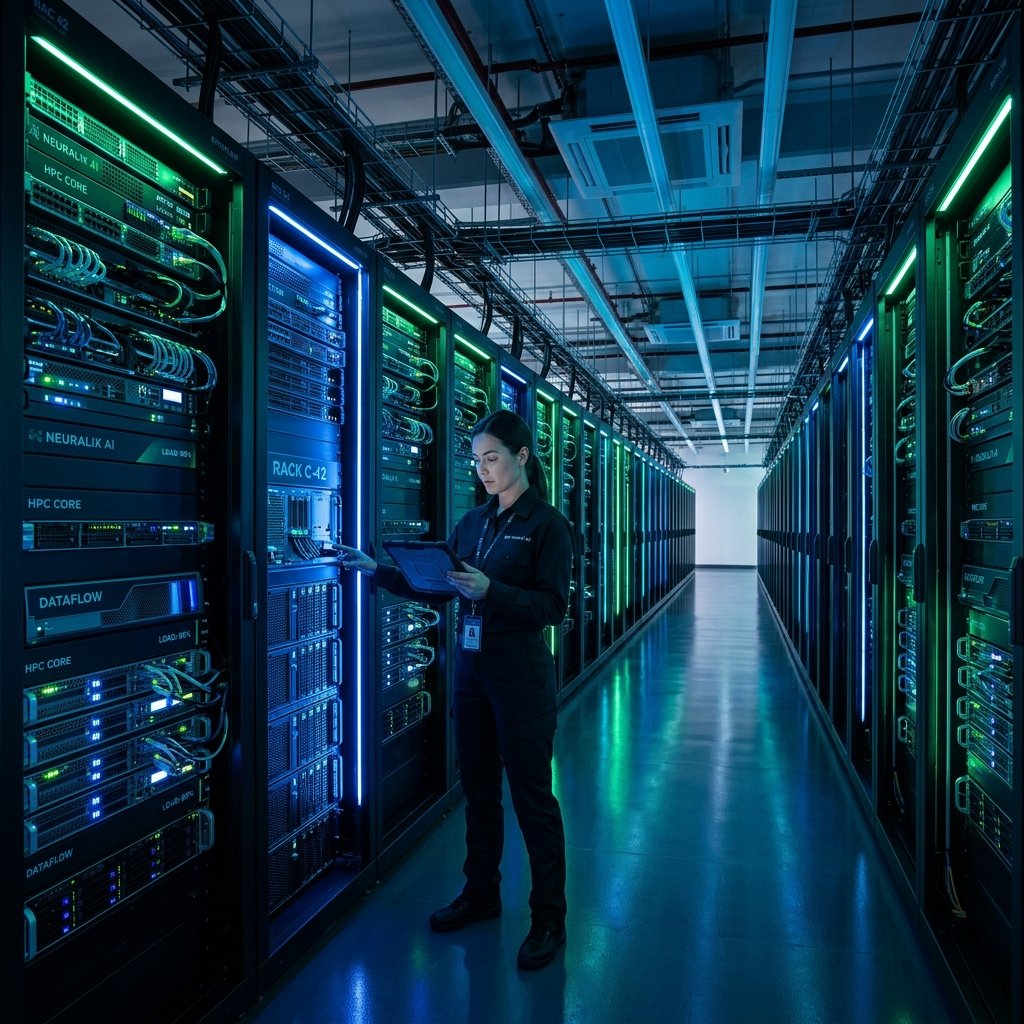 Full view of a GPU cloud data center aisle with blue and green LED lighting