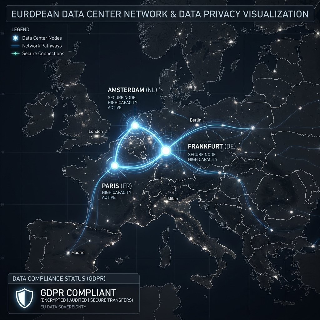 European data center network visualization showing GDPR-compliant AI infrastructure nodes in Frankfurt, Paris, and Amsterdam