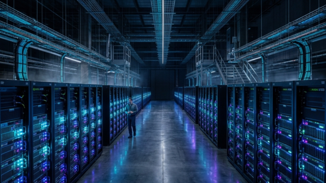 GPU data center interior with rows of NVIDIA H100 servers