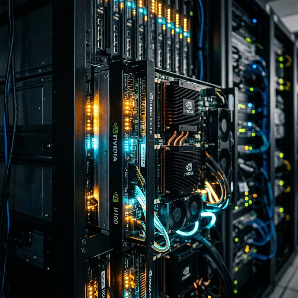 NVIDIA H100 and A100 GPU server blades installed in a data center rack