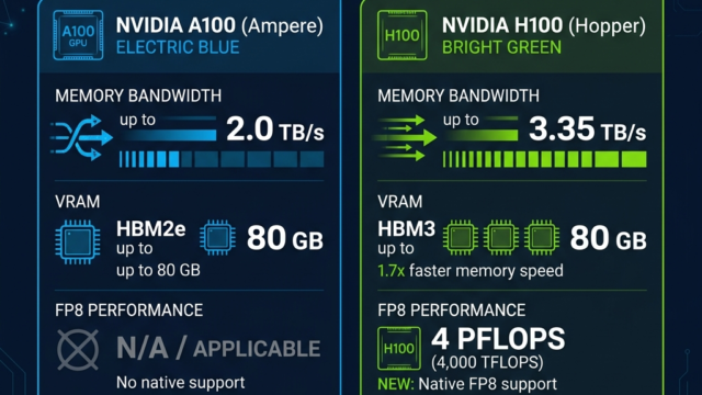 NVIDIA H100 vs A100 GPU technical specifications comparison infographic