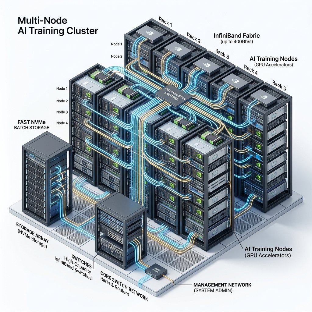 Multi-node AI GPU training cluster connected via InfiniBand fabric