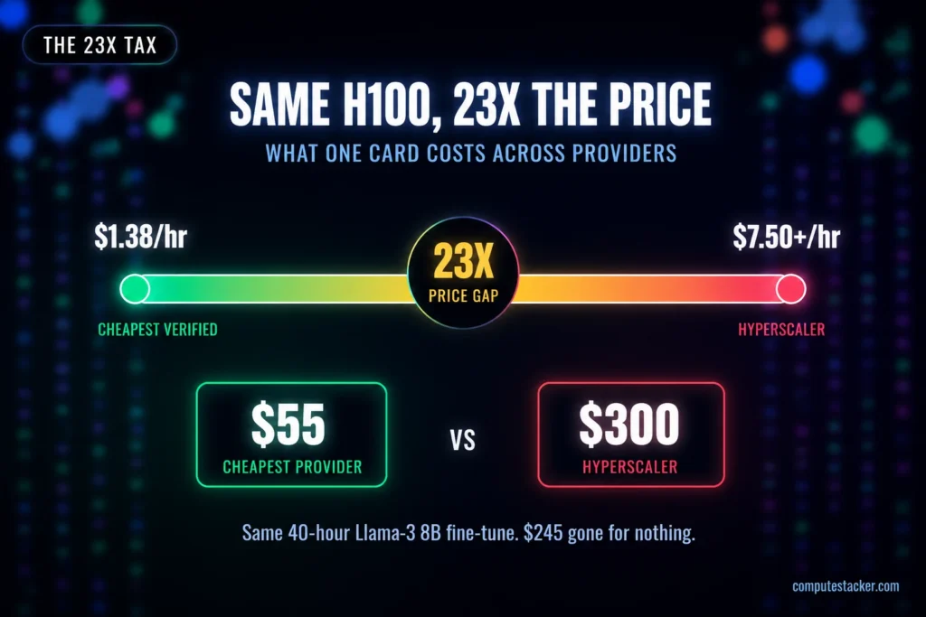 Price spread showing the same H100 renting from $1.38 to over $7.50 per hour