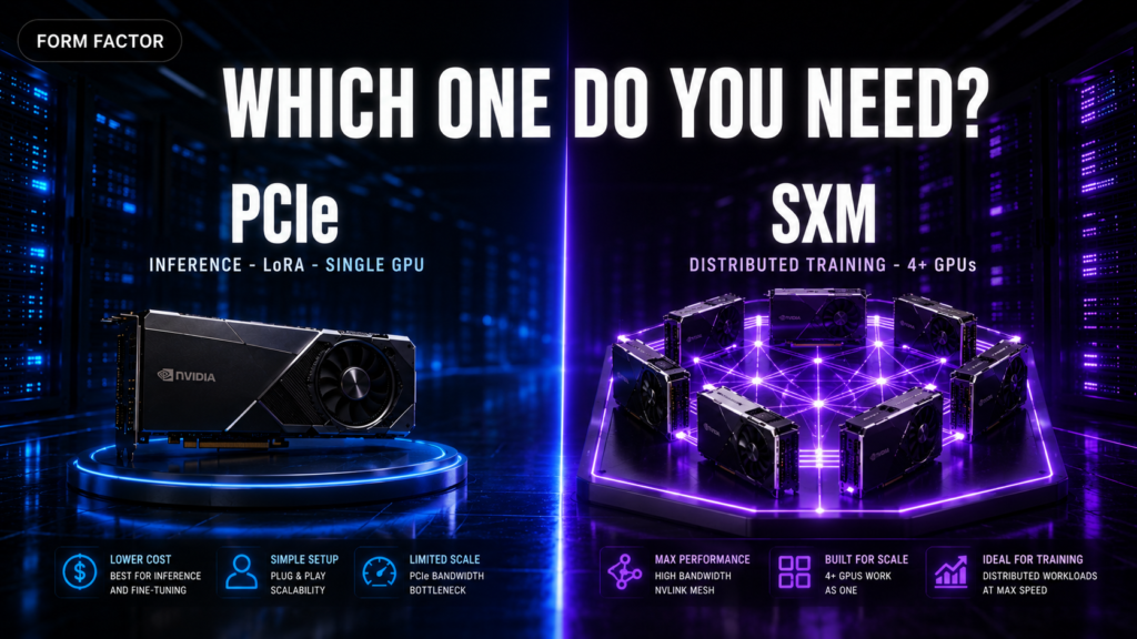 PCIe versus SXM comparison showing which GPU form factor suits inference and distributed training