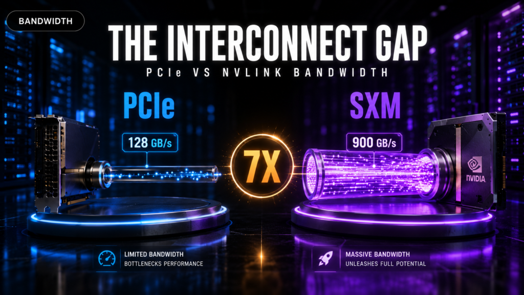 Bandwidth comparison showing PCIe at 128 GB/s versus NVLink at 900 GB/s