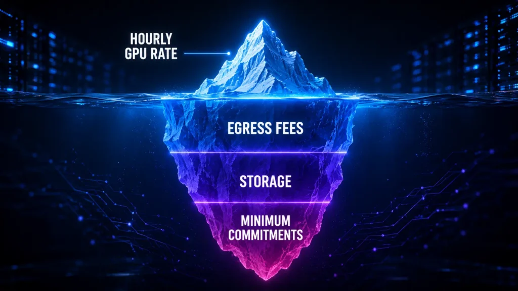 Iceberg showing the hourly GPU rate above water and egress, storage, and minimum commitment costs hidden below the surface
