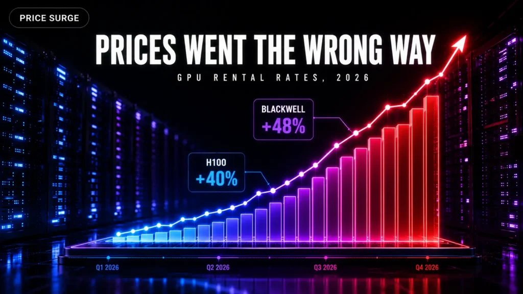 Chart showing 2026 GPU rental prices rising, with H100 up 40 percent and Blackwell up 48 percent