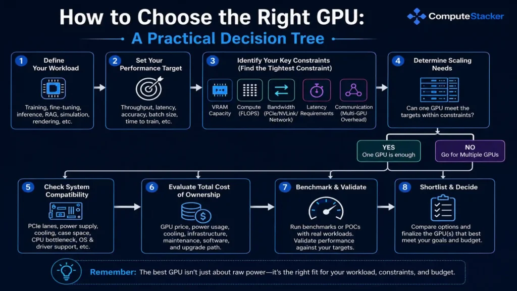Decision tree showing how to select a GPU based on workload, performance target, hardware constraints, scaling, compatibility, and total cost.