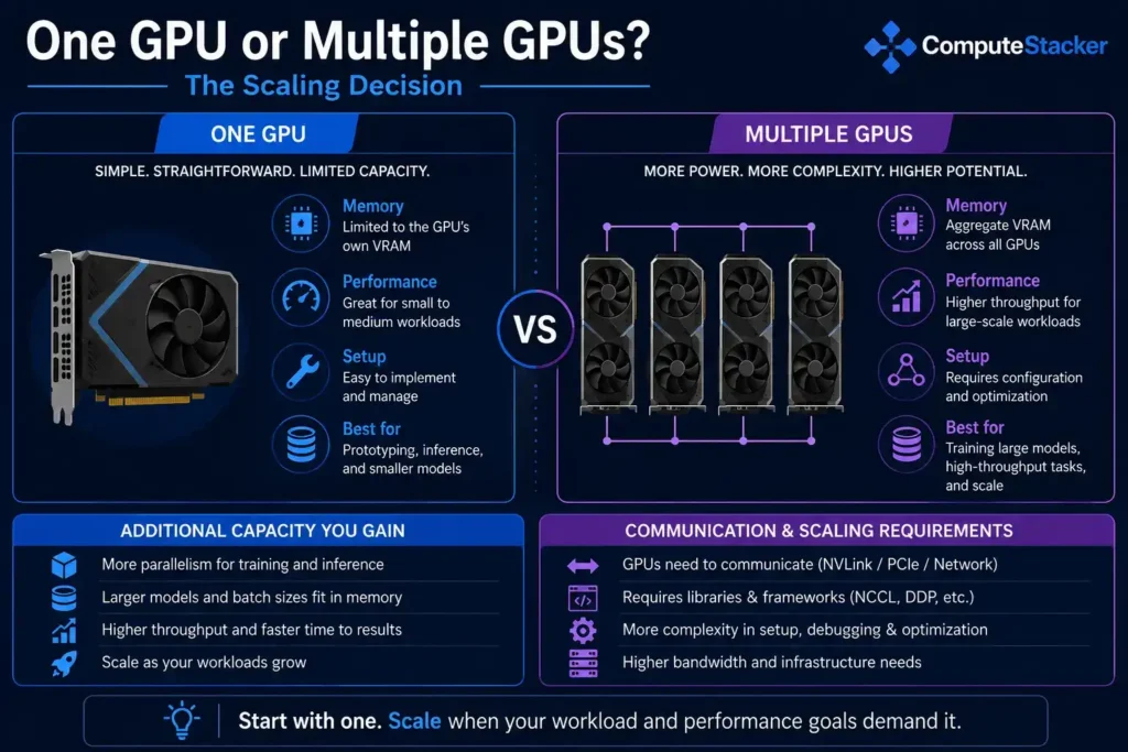 Diagram comparing single-GPU and multi-GPU AI workloads, including memory, scaling, and GPU-to-GPU communication considerations.