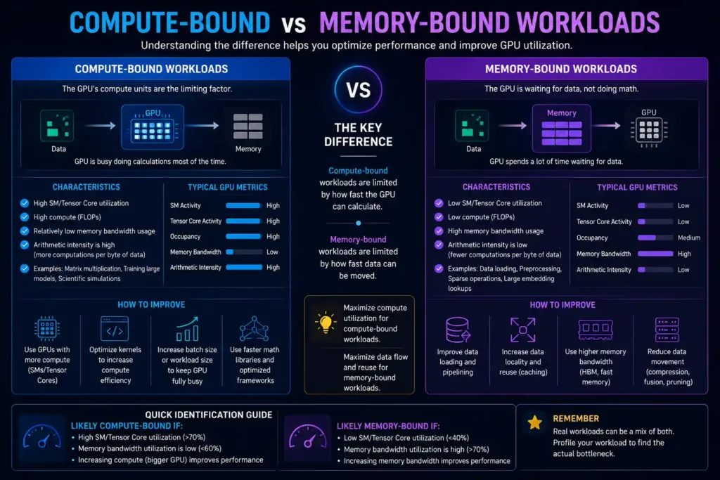 Infographic comparing compute-bound and memory-bound GPU workloads, including characteristics, GPU metrics, optimization strategies, and performance bottlenecks.