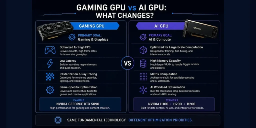 Gaming GPU vs AI GPU comparison showing differences in graphics performance, AI compute, memory, and workload optimization.