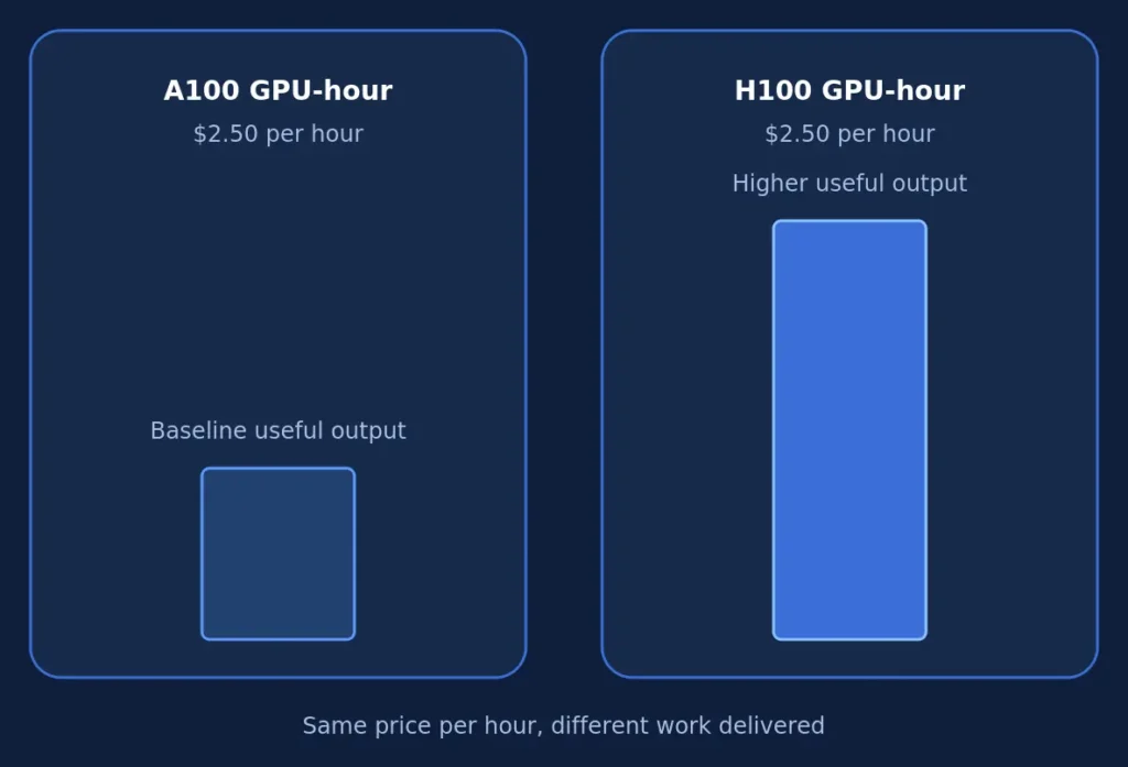 H100 vs A100 GPU-hour comparison at the same price